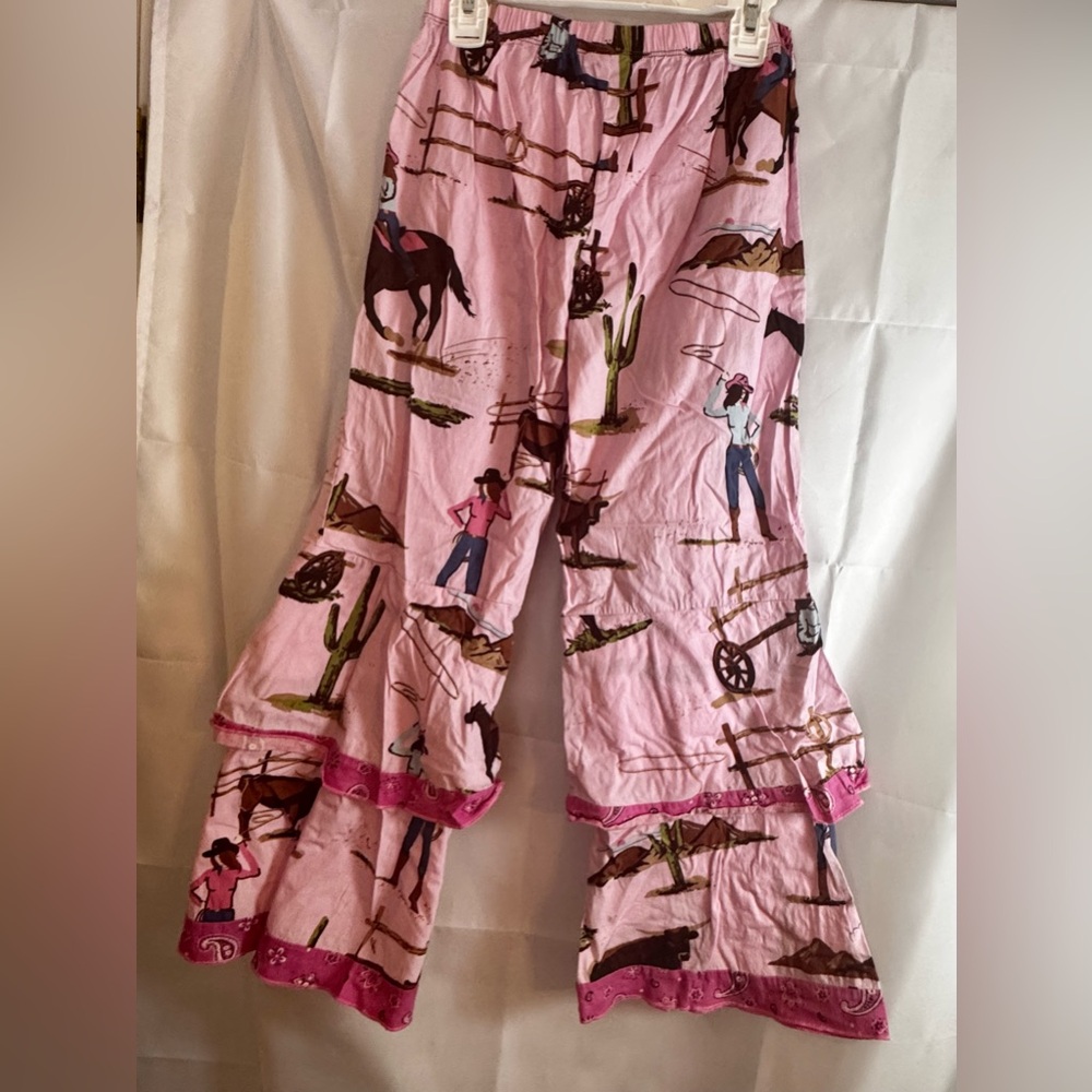 Ann Loren Pink and Green Western Print Ruffle Pants